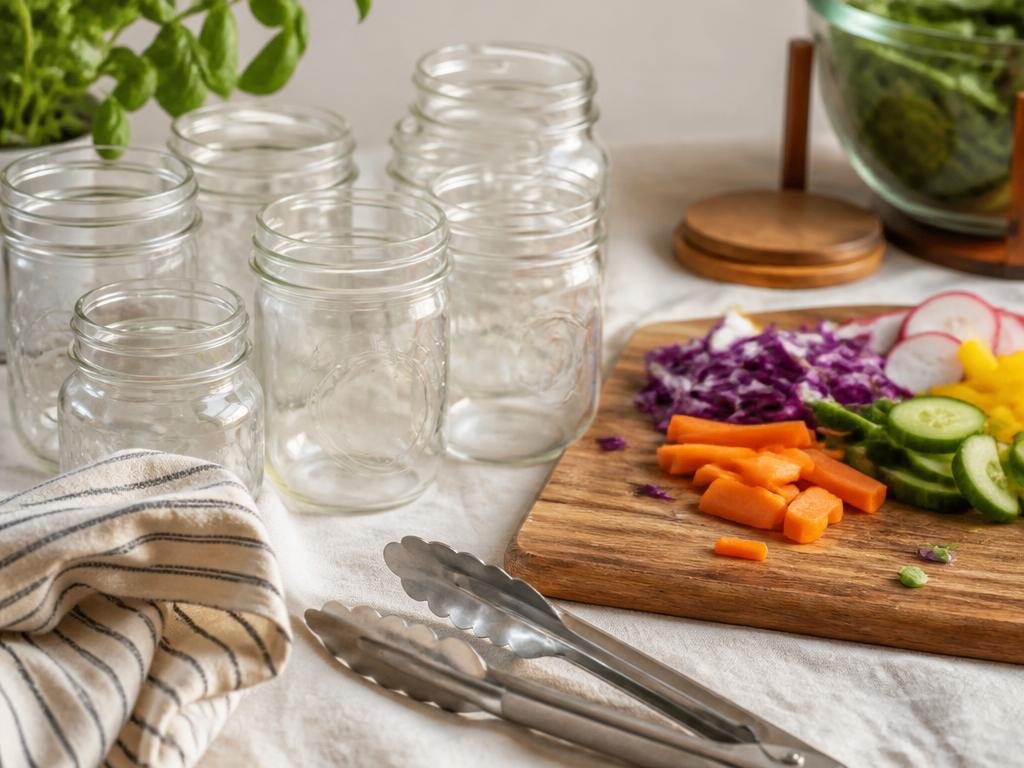 Potes de vidro e legumes cortados prontos para montagem