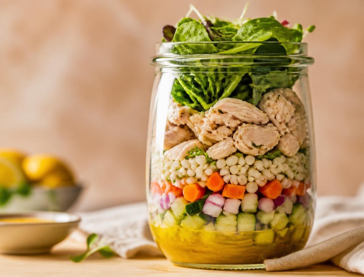 Pote de vidro mostrando as camadas da salada: molho no fundo e folhas no topo