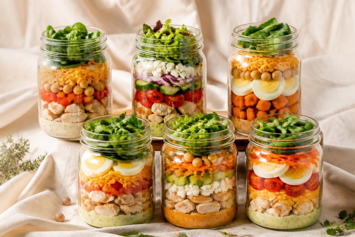 Vários potes de salada com frango, ovos, queijos e grão-de-bico